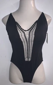 Black ENVYA New One Piece Swimsuit ~ Size Medium M ~MSRP $42 ~ Padded ~ Low Cut - Picture 1 of 6