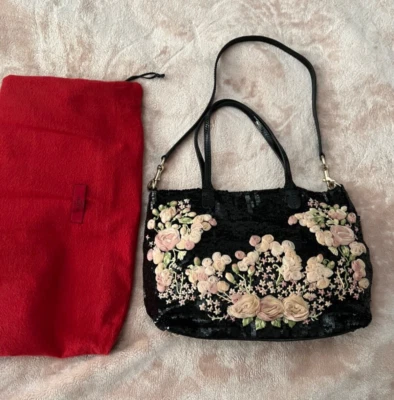 Valentino Garavani Glamorous black sequins pink chiffon Floral tote purse bag - Image 1 of 4