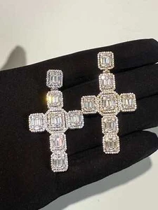 Mens  2" Large Baguette Cross Pendant CZ Solid Real 925 Sterling Silver/14K PL - Picture 1 of 2