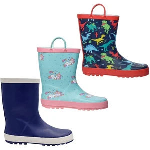 Kids Girls Boys Wellington Wellies Non-Slip Waterproof Carry Handles Rain Boots - Picture 1 of 19