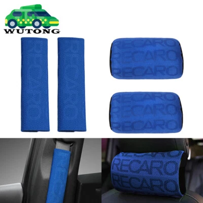 2PCS Recaro Blue Fabric Headrest Pillow Seat Belt Cover Set Racing Seat Material - Image 1 of 4