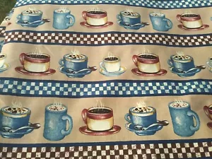 COFFEE TIME~Righe ripetute~Blu Marrone Marrone Tan~4 iarde Tessuto Cotone~Look Retrò - Foto 1 di 4