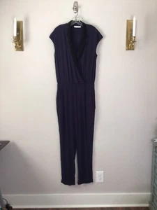 FRNCH Crossover Jumpsuit dunkelblau Krepp L Flügelärmel Taschen Kontrastkragen - Bild 1 von 4