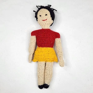 Handmade Crochet Mini Doll 6" Stuffed Black Hair Yellow Skirt Red Top - Picture 1 of 8