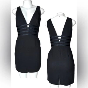 Vintage 90er Caché schwarz Cocktail Minikleid Gr. 6 | tiefer V-Ausschnitt Satin Taille Detail - Bild 1 von 11