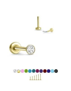Threadless Labret Nose Ring Monroe Push Pin Stud Yellow Gold Steel 1mm Tiny CZ - Picture 1 of 14
