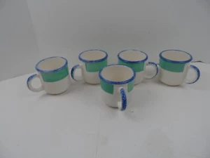 Pier 1 Green Band Speckled Blue Rim & Handle White Green Mugs 3.5"- Lot of 5 - Picture 1 of 4