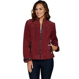 DENNIS BASSO Size XS Zip Front Bomber Suede Jacket WINE - Picture 1 of 4