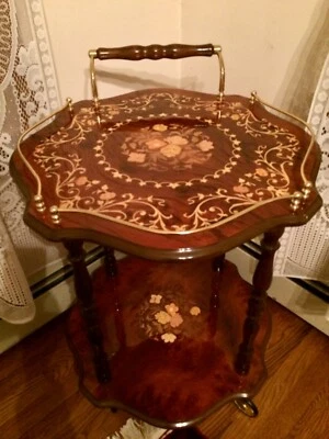 Vintage Italian Rosewood Marquetry Bar Tea Dessert Cart 2-Tier 8-Sided Trolley - Image 1 of 4