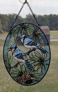 Par de vitrales pintadas a mano Blue Jay Amia Studios ovaladas Suncatcher 7" x 5" - Imagen 1 de 6