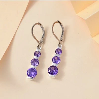 Simulated Purple Diamond 5.00 ctw Lever Back Earrings in Sterling Silver - Image 1 of 4
