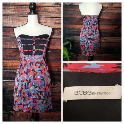 BCBGeneration Dress Size 4 Strapless Lined Zip Back Pleated Abstract Print  - Image 1 of 4