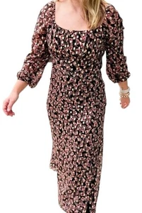 Vestido LOFT Midi Punto Brillante Marrón Floral Tonos Dorados Talla 2 - Imagen 1 de 13