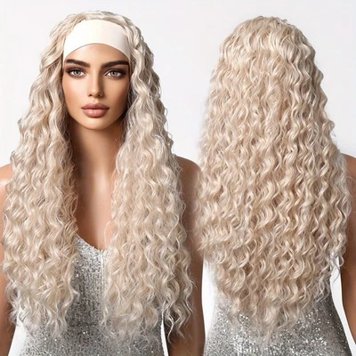 Peluca diadema larga rizada rubia platino 26 pulgadas estilo retro años 70 peluca de cabello sintético Foto 1 de 4