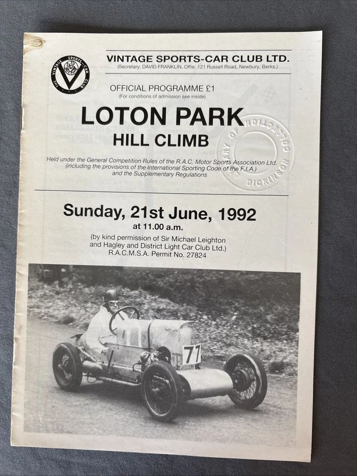 Race Programme 21 June 1992 Loton Park  Vintage Sports Car Club VSCC A5 - Image 1 of 1