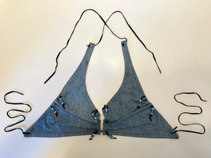 Denim and Beads Bra Halter Top, Leather Tie Strings, S/M - Picture 1 of 3