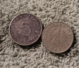 Heavily Circulated WW2 1 & 5 Reichspfennig , WWII Era , See Photos!! - Picture 1 of 19