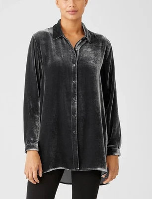 Camisa túnica Eileen Fisher terciopelo seda cuello clásico grafito talla S $278 Foto 1 de 4
