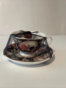 PARK CHATEAU Skulls Teacup And Saucer Set Floral With Gold Trim New - Bild 1 von 8