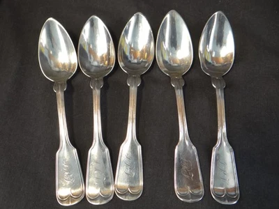 JUEGO DE 5 CUCHARADITAS FIDDELBACK PLATA MONEDA TEMPRANA 5,75" POR W. FORBES NUEVA YORK 1789 Foto 1 de 4