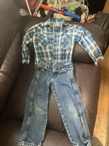 Ely Cattleman Boys Blue Plaid Western Shirt XS,Pearl Buttons + 4t Wrangler Jeans - Picture 1 of 6