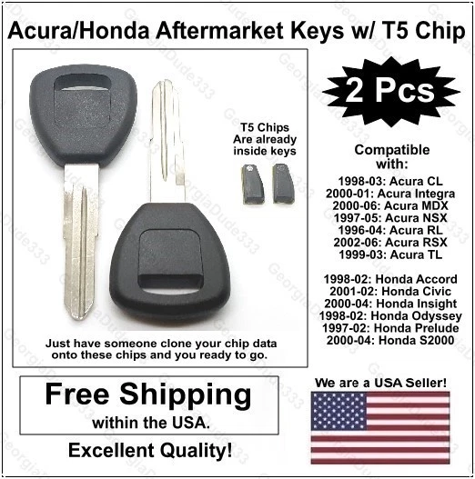 2pak: Acura / Honda Aftermarket Replacement Key Blanks with T5 Transponder chips - Image 1 of 4