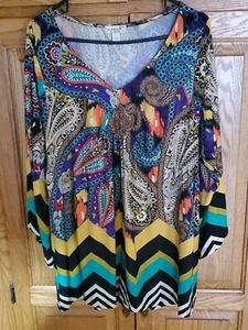 Womens One World Tunic Blouse/Top Multi-Color Paisley/Chevron V Neck Shirt XL - Picture 1 of 4