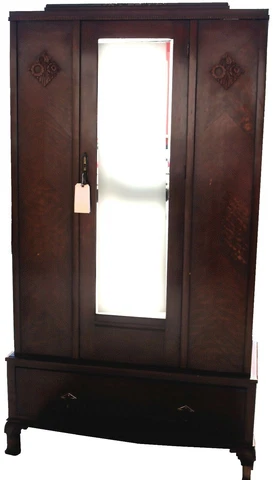 Antique Art Deco Mirrored Wardrobe Dresser Cabinet with Linen Drawer Cover