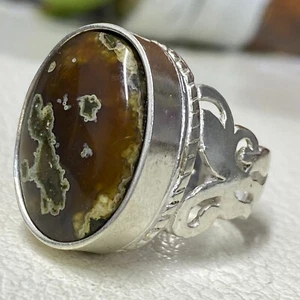 925 Sterling Silver Men's Ring Handmade Natural Yemeni Yellow خاتم عقيق خرائطي - Picture 1 of 10