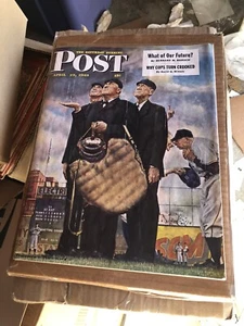 Saturday Post Apr 23 1949 Classic Norman Rockwell 3 Umpires Rain Delay No Label - Imagen 1 de 1
