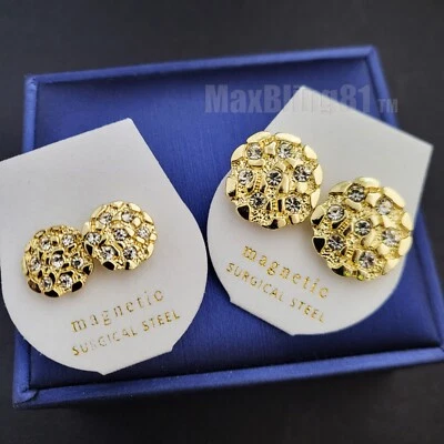Hip Hop Jewelry Cookie Nugget Magnetic Iced Gold plated Cubic Zirconia Earrings - Image 1 of 4