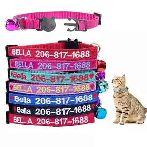 Collare Gatto Personalizzato Cucciolo Gattino Ricamato Nome Etichetta ID Regolabile E Campana - Foto 1 di 7
