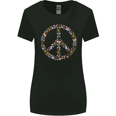 Floral Peace Symbol Hippie Love Womens Wider Cut T-Shirt - Image 1 of 4
