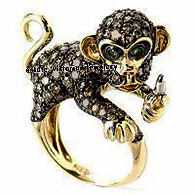 Stunning 3.19ctw Rose Cut Diamond Emerald Silver Victorian Monkey Ring Jewelry - Image 1 of 1