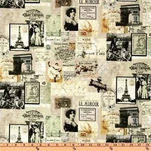BTY April In Paris L'Amour de la Vie La Tour Eiffel Tower Antique Fabric By Yard - Picture 1 of 2