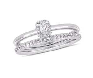 Women's 0.75ct Emerald Lab Created Halo Engagement 14K White Gold Over Ring Set - Picture 1 of 6