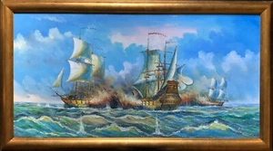 Escena de batalla naval marítima del siglo XVIII - excelente pintura al óleo de paisaje marino - Imagen 1 de 12