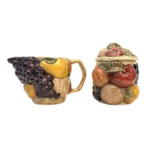 Set zuccheriera e cremiera vintage ceramica dipinta a mano mele pere uva - Foto 1 di 6