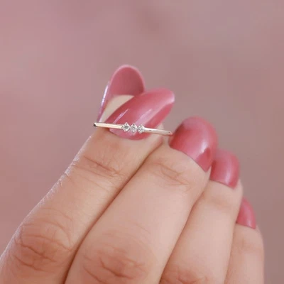 3 Stone Engagement Ring Natural Diamond 14K Solid Yellow Gold - Image 1 of 4