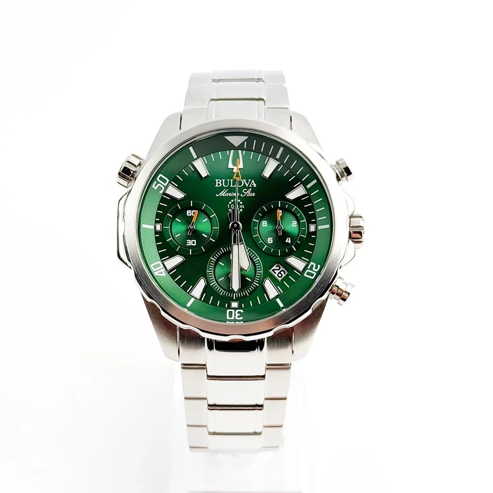 Bulova Marine Star Green Dial Stainless Steel Mens Chronograph Watch 43MM 96B396