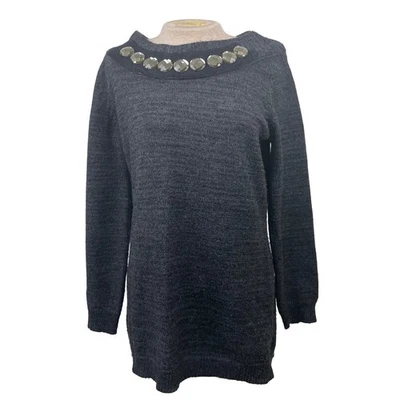 Simply Vera Vera Wang Womens Sweater Size M Dark Gray Embellished Long Sleeve - Image 1 of 4