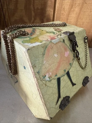Vintage Decoupage Multi-Sided Wood Purse With Brass Chain Handle, Latches - Image 1 of 4