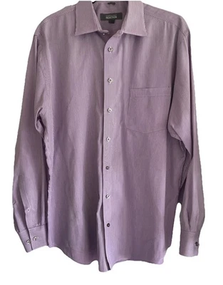 Kenneth Cole 反应礼服衬衫男式 L 16-16.5/34-35 紫色胸针条纹二手状况完好 — 第 1/4 张图片