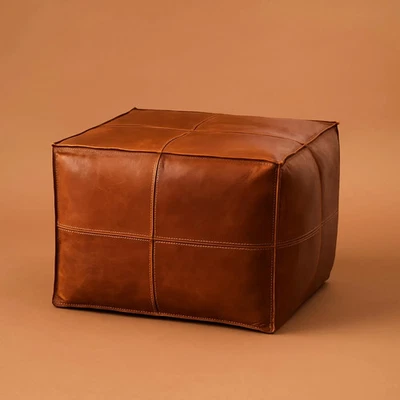 Handmade Brown Leather Moroccan Pouf - Square Ottoman Footstool Moroccan Pouf - Image 1 of 4