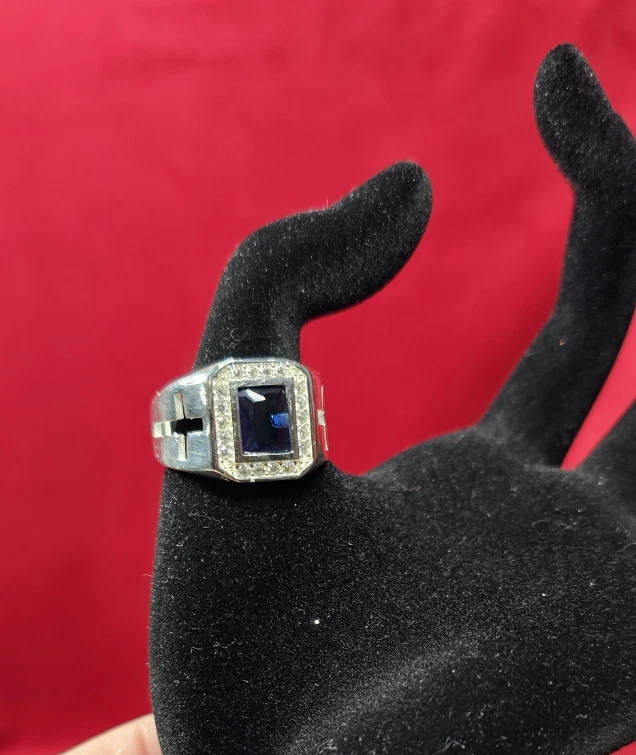 Anillo Clero Hombre Cristal Azul Halo Plata de Ley 925 Cristiano Talla 12.5 *Nuevo Foto 1 de 4