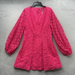 Trina Turk Grazia Hot Pink Ösen A-Linie Minikleid Langarm V-Ausschnitt Gr. 14 - Bild 1 von 14