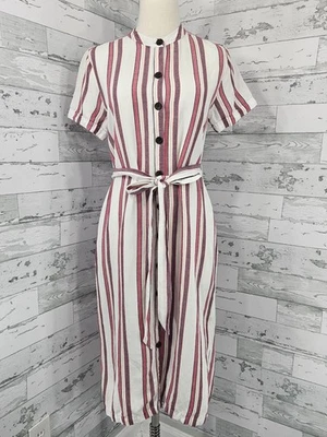 Loft Linen Blend Short Sleeve Striped Belted Shirtdress White Red Womens 6 - Image 1 of 4