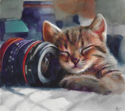 оригинальная картина 29,5 x 32,5 см 257MT художественная акварель спящий котенок - Изображение 1 из 4