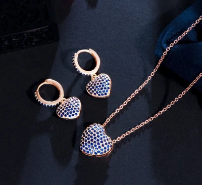 2Ct Round Blue Sapphire Womens Necklace Earring Set Pendant 14K Rose Gold Plated - Image 1 of 4