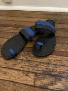 Tory Burch Women’s 6 Blue Black Leather Strappy Flat Sandal Leather Open Toe - Imagen 1 de 8